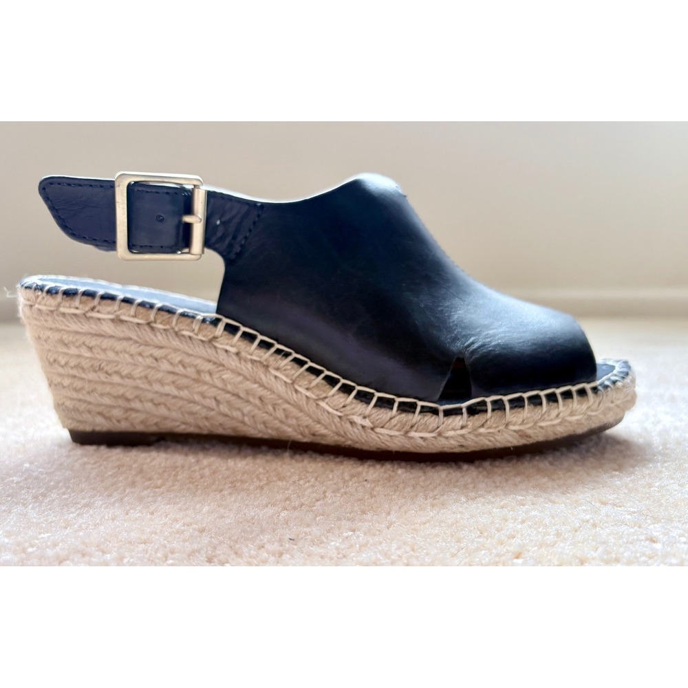 Clarks Artisan Black Leather Wedge Espadrille Sandals Peep Toe Slingback 7W Boho